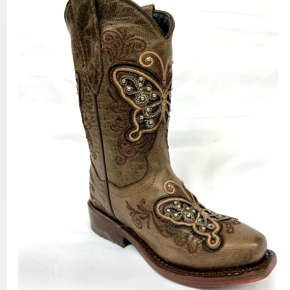 Girls Butterfly Embroidered Genuine
Leather Boots - Size 3 square toe